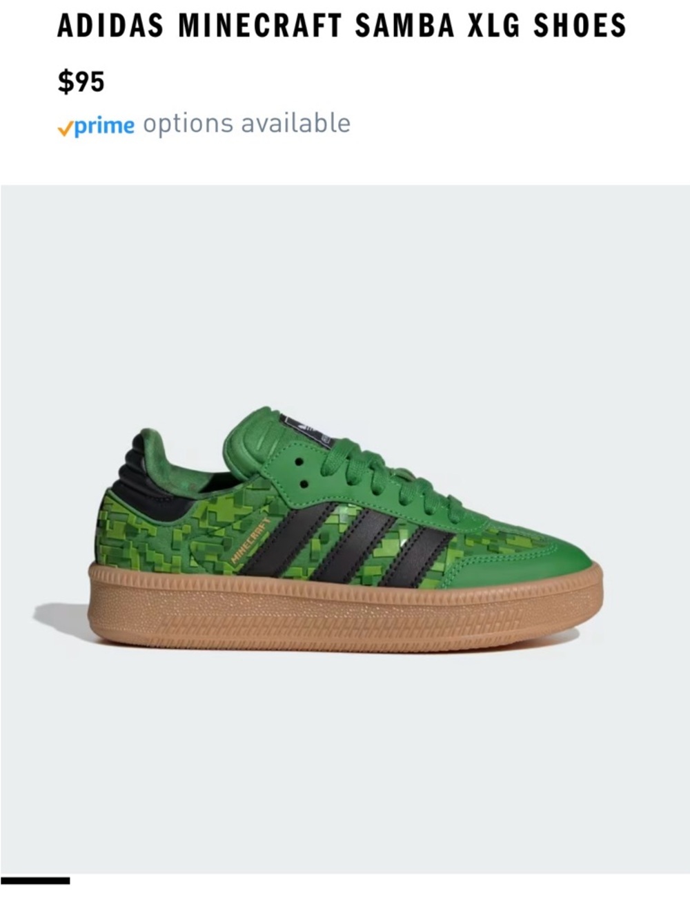 NIB Kids Adidas Samba XLG J Minecraft Edition size 6